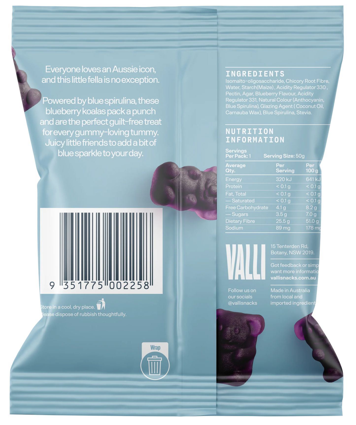 Valli Antioxidant Blueberry Koala Bears With Blue Spirulina 50g, Superfood With NO Added Sugar