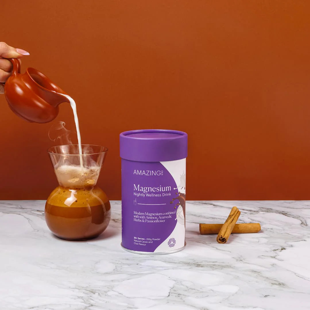 Amazing Oils Magnesium Nightly Wellness Drink 200g, Natural Cacao & Chai Flavour