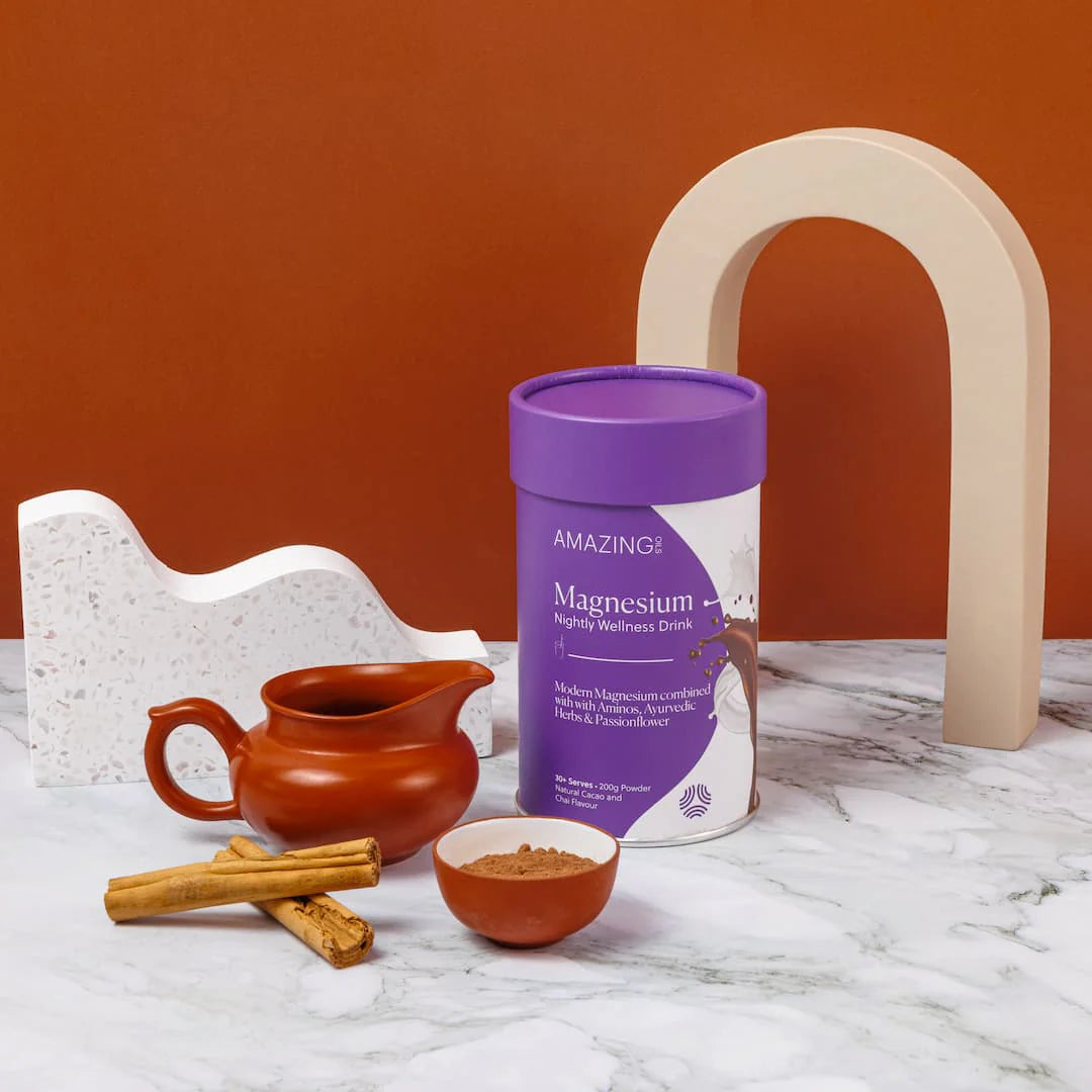 Amazing Oils Magnesium Nightly Wellness Drink 200g, Natural Cacao & Chai Flavour