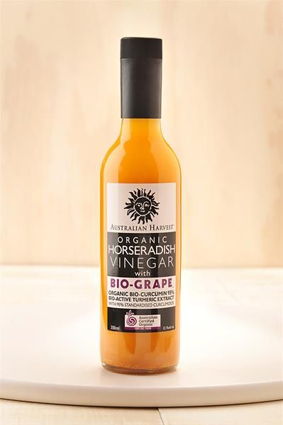 Australian Harvest Certified Organic Horseradish Vinegar With Bio-Grape Curcumin 95% 350mL, With Turmeric Garlic & Cayenne Pepper