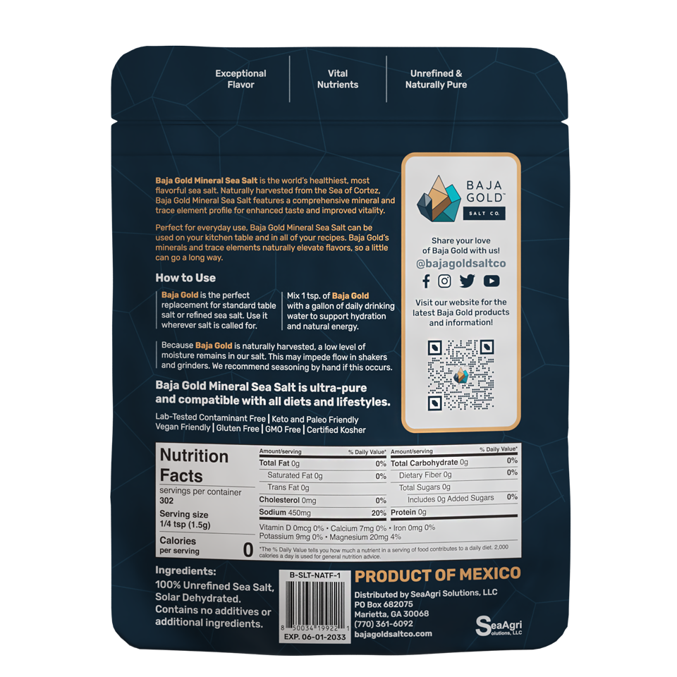 Baja Gold Salt Co. Signature Mineral Sea Salt Fine Grind 454g, From The Sea Of Cortez