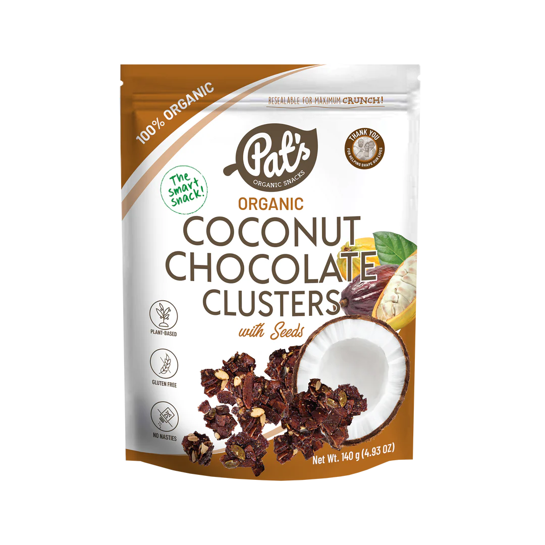 Pat's Organic Snacks Coconut Clusters 140g, Chocolate with Seeds