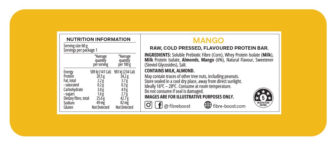 Fibre Boost Cold Pressed Protein Bar Single or Box of 12, Mango FLavour