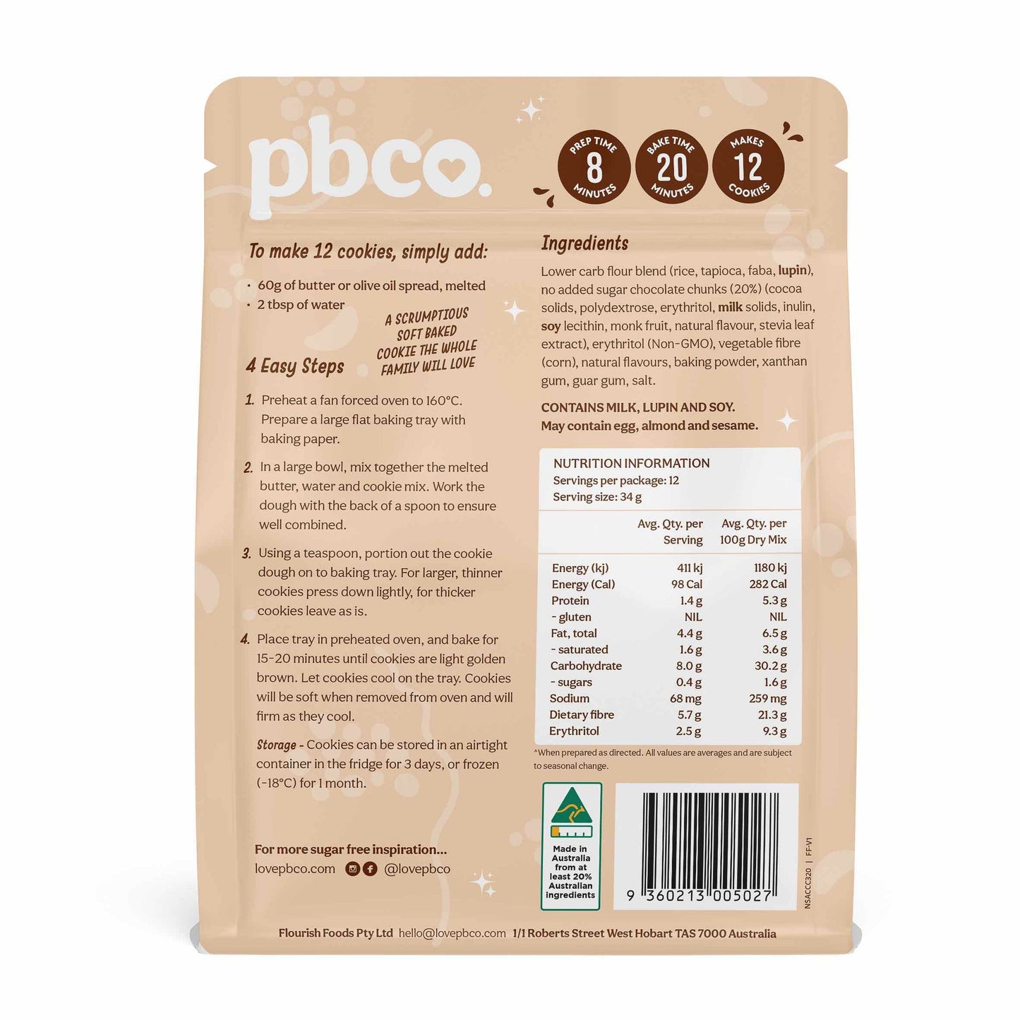 PBCo Sugar Free Mix 320g, Chunky Choc Chip Cookie Mix