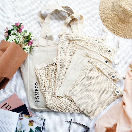 Ever Eco Zero Waste Reusable Shopping Bags, Mixed Set Of 8 Bags Made With Organic Cotton