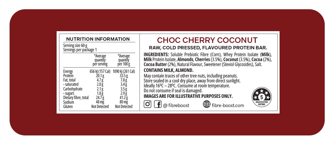 Fibre Boost Cold Pressed Protein Bar Single or Box of 12, Choc Cherry Coconut Flvaour