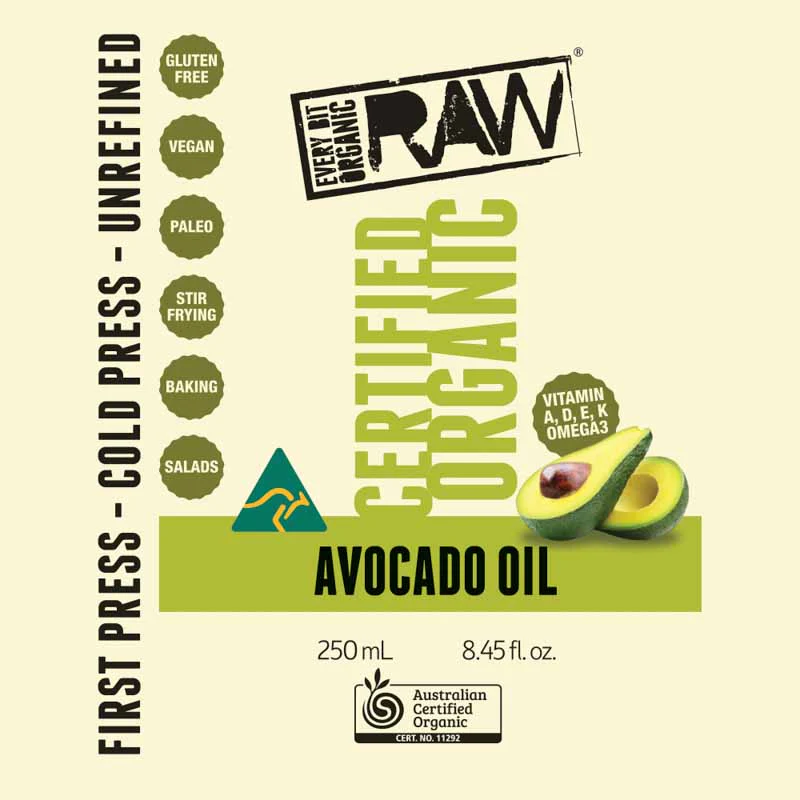 Every Bit Organic Raw Cold Pressed Oil 250ml, Avocado {Extra Virgin}