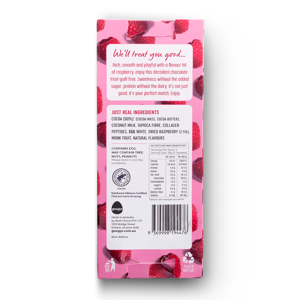 Googy's Good Choc+ 100g, Dark Raspberry