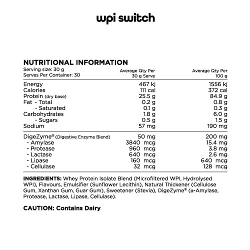 Switch Nutrition Whey Protein Isolate Switch 900g, Unflavoured {Premium Natural WPI}