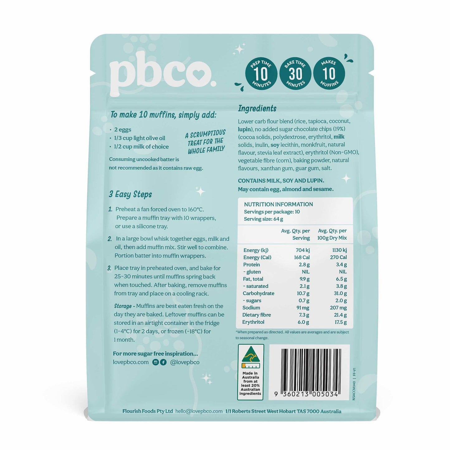 PBCo Sugar Free Mix 340g, Choc Chip Muffin Mix