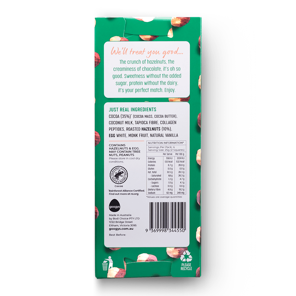 Googy's Good Choc+ 100g, Mylk Hazelnut