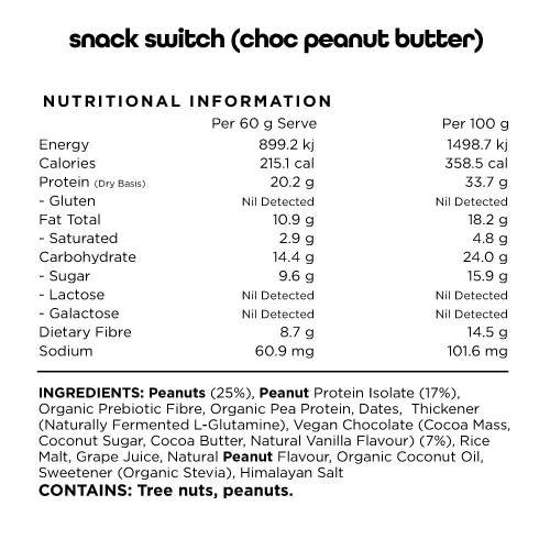Switch Nutrition Snack Switch 60g, Choc Peanut Butter {Natural, Plant Based, Wholefood Bar}