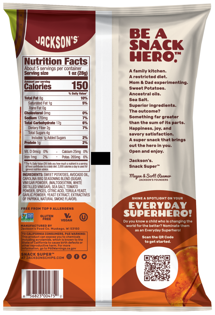 Jackson’s Avocado Oil Sweet Potato Chips 142g, Carolina BBQ Smoke