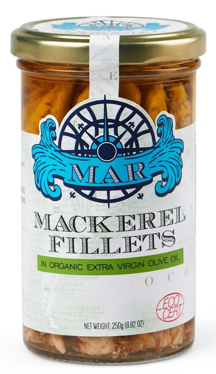 MAR Mackerel Fillets In Organic Extra Virgin Olive Oil 250g, Product Of Portugal & Packed In A Glass Jar