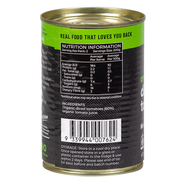 Honest To Goodness Diced Tomatoes 400g, No Added Salt & Australian Certified Organic