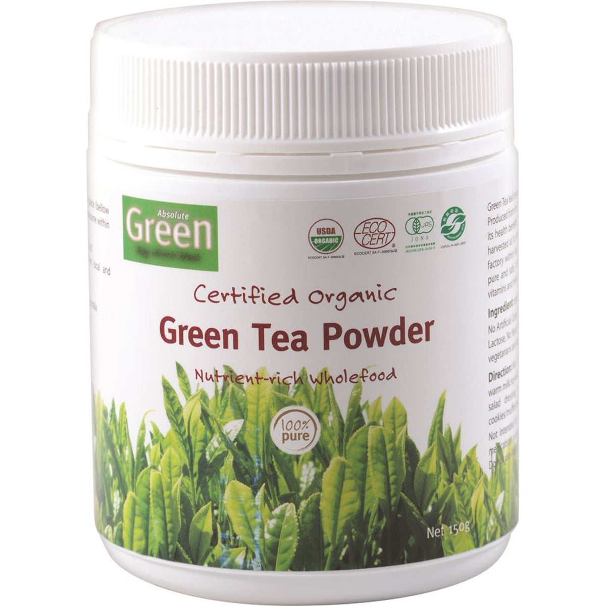 Absolute Green Certified Organic Green Tea Powder (Matcha) 150g, Nutrient-Rich Wholefood