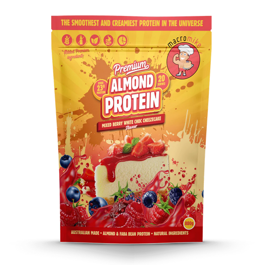 Macro Mike Premium Almond Protein 800g, Mixed Berry White Choc Cheezecake Flavour
