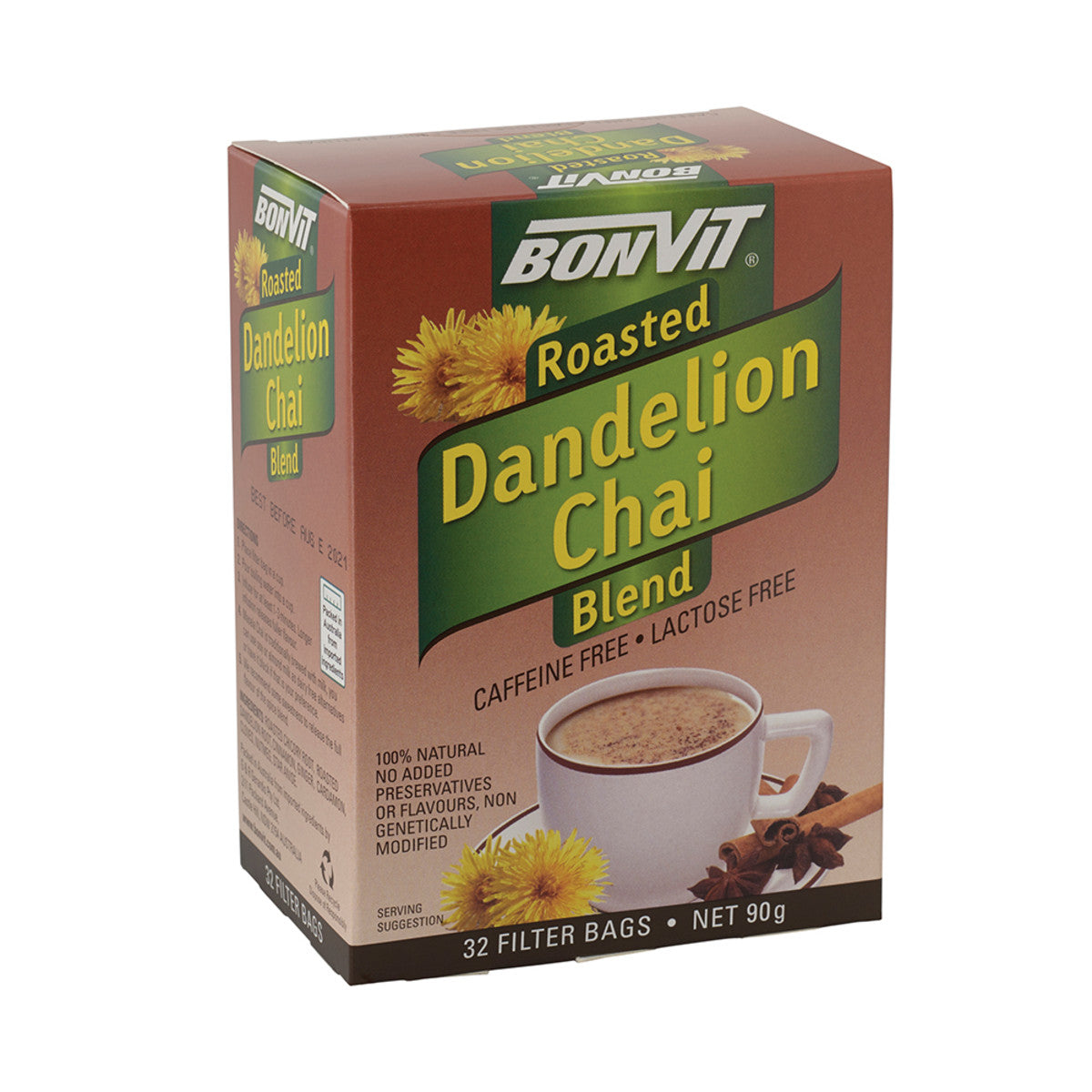 Bonvit Roasted Dandelion Chai Blend 32 Filter Bags, Caffeine Free & Lactose Free