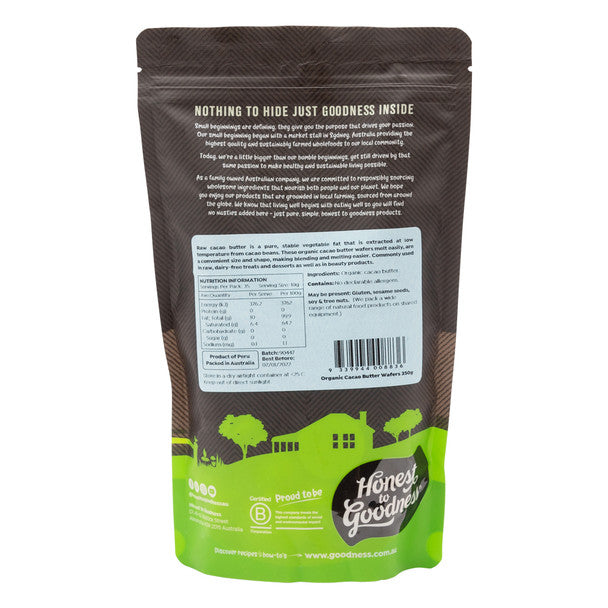 Honest To Goodness Cacao Butter Wafers 350g, Australian Certified Organic