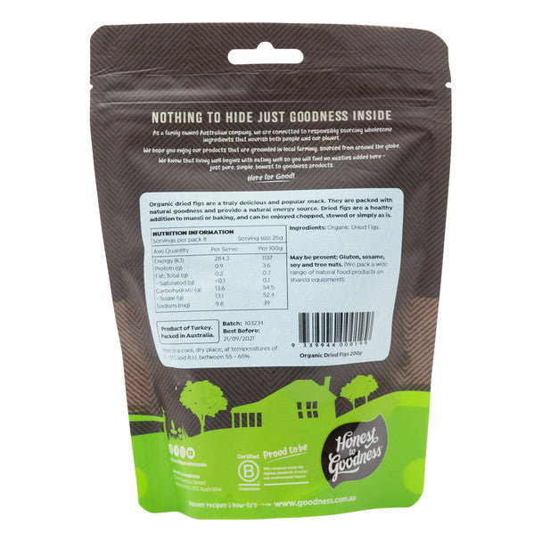 Honest To Goodness Whole Dried Turkish Figs 200g, Australian Certified Organic