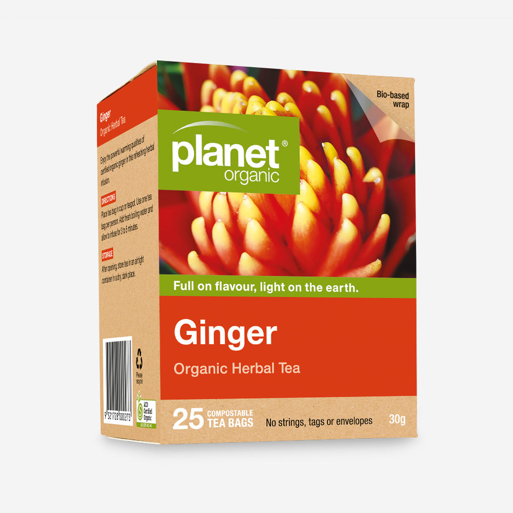 Planet Organic Certified Organic Herbal Tea 25 Tea Bags, Ginger; Refreshing & Powerful