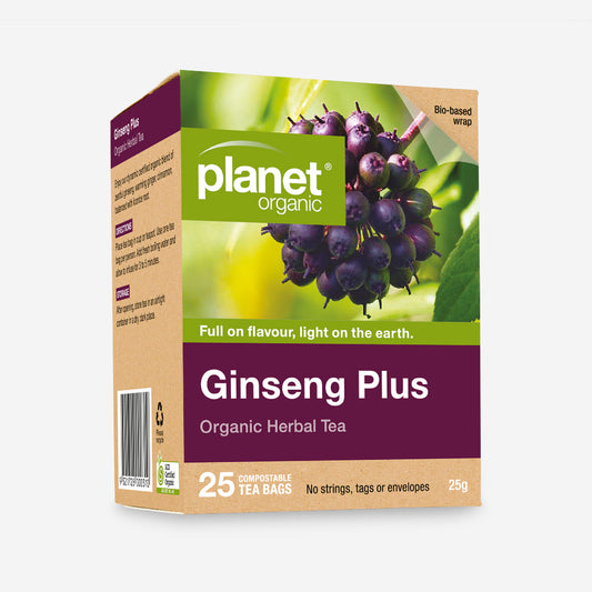 Planet Organic Herbal Tea 25 Tea Bags, Ginseng Plus Blend; A Dynamic Blend With Zestful Warming Undertones
