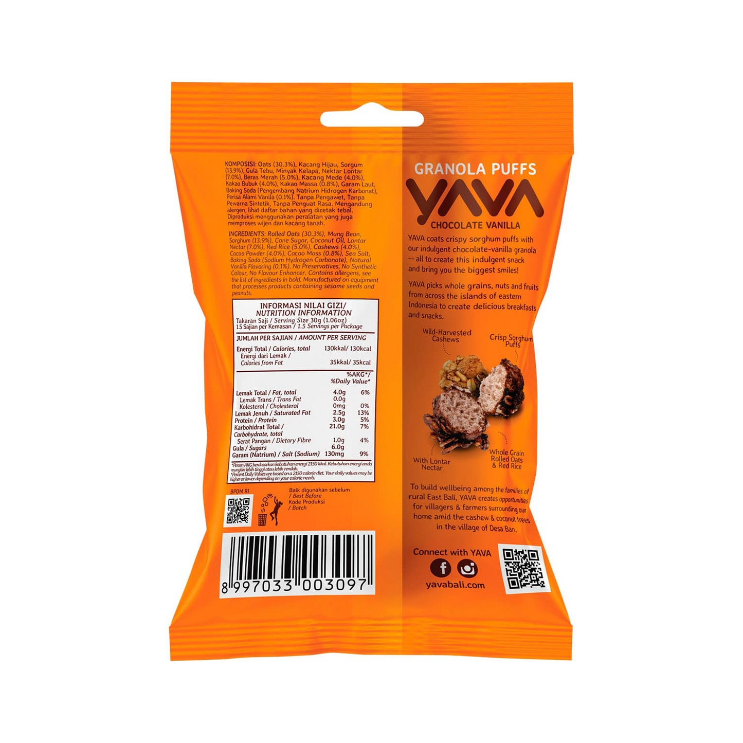 Yava Chocolate Vanilla Granola Puffs 35g, With Rolled Oats & Cacao Powder
