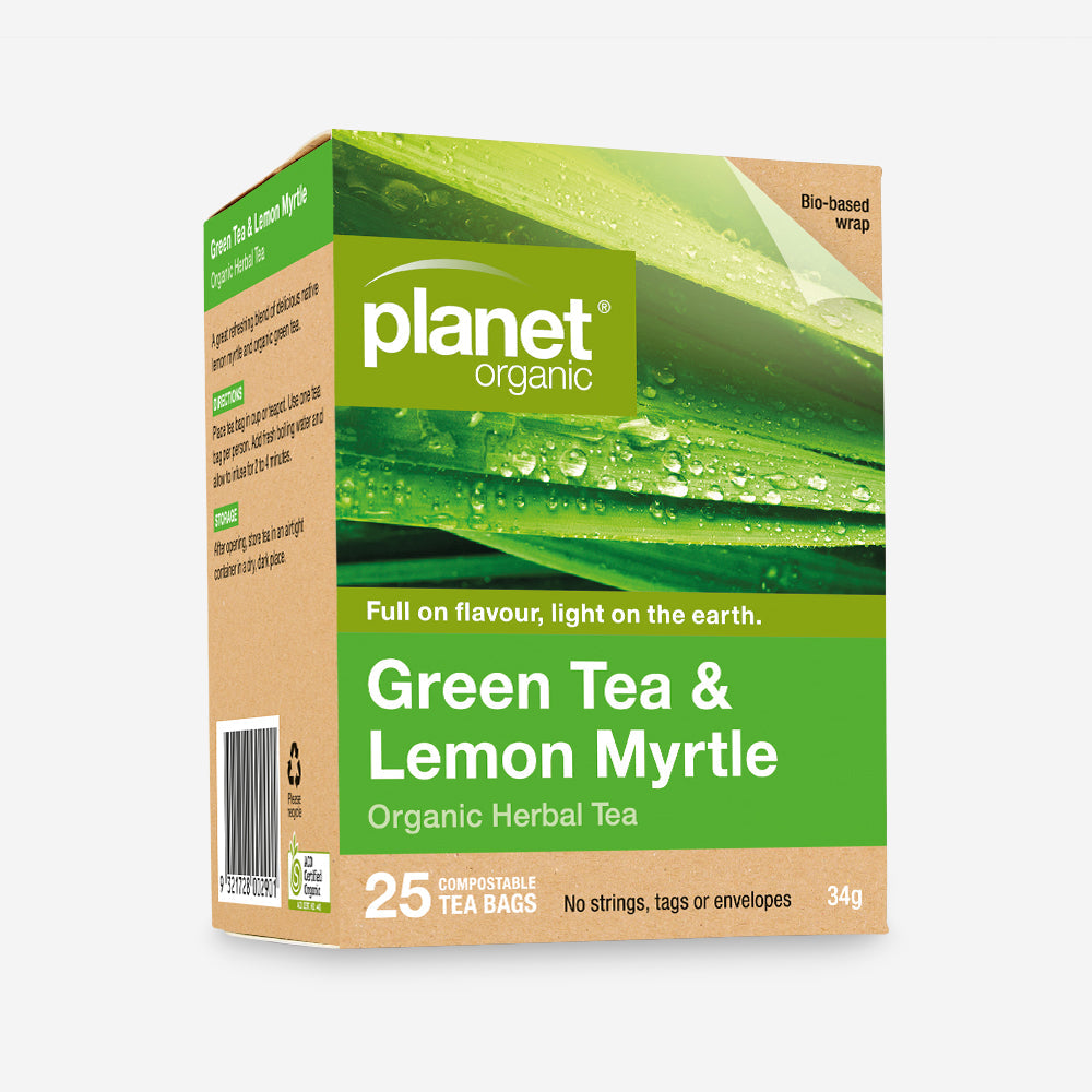 Planet Organic Certified Organic Herbal Tea 25 Tea Bags, Green Tea & Lemon Myrtle; Refreshing & Delicious