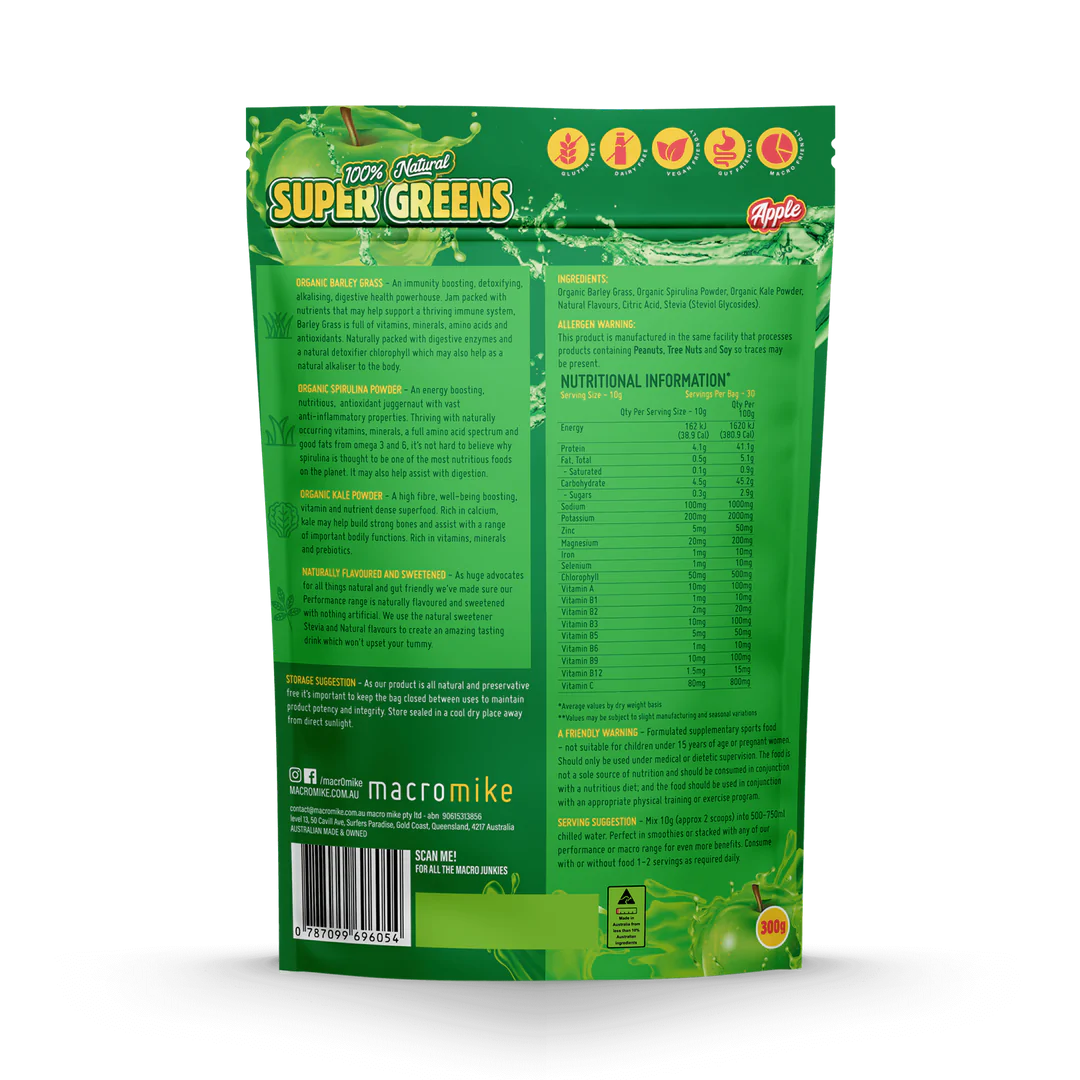 Macro Mike 100% Natural Performance Super Greens 300g, Apple Flavour