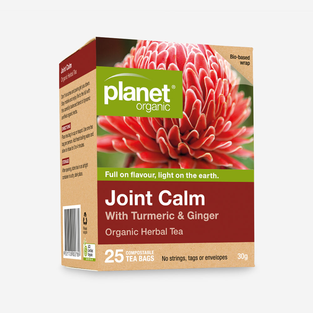 Planet Organic Certified Organic Herbal Tea 25 Tea Bags, Joint Calm Blend; With Turmeric & Ginger To Ease Aches & Pains