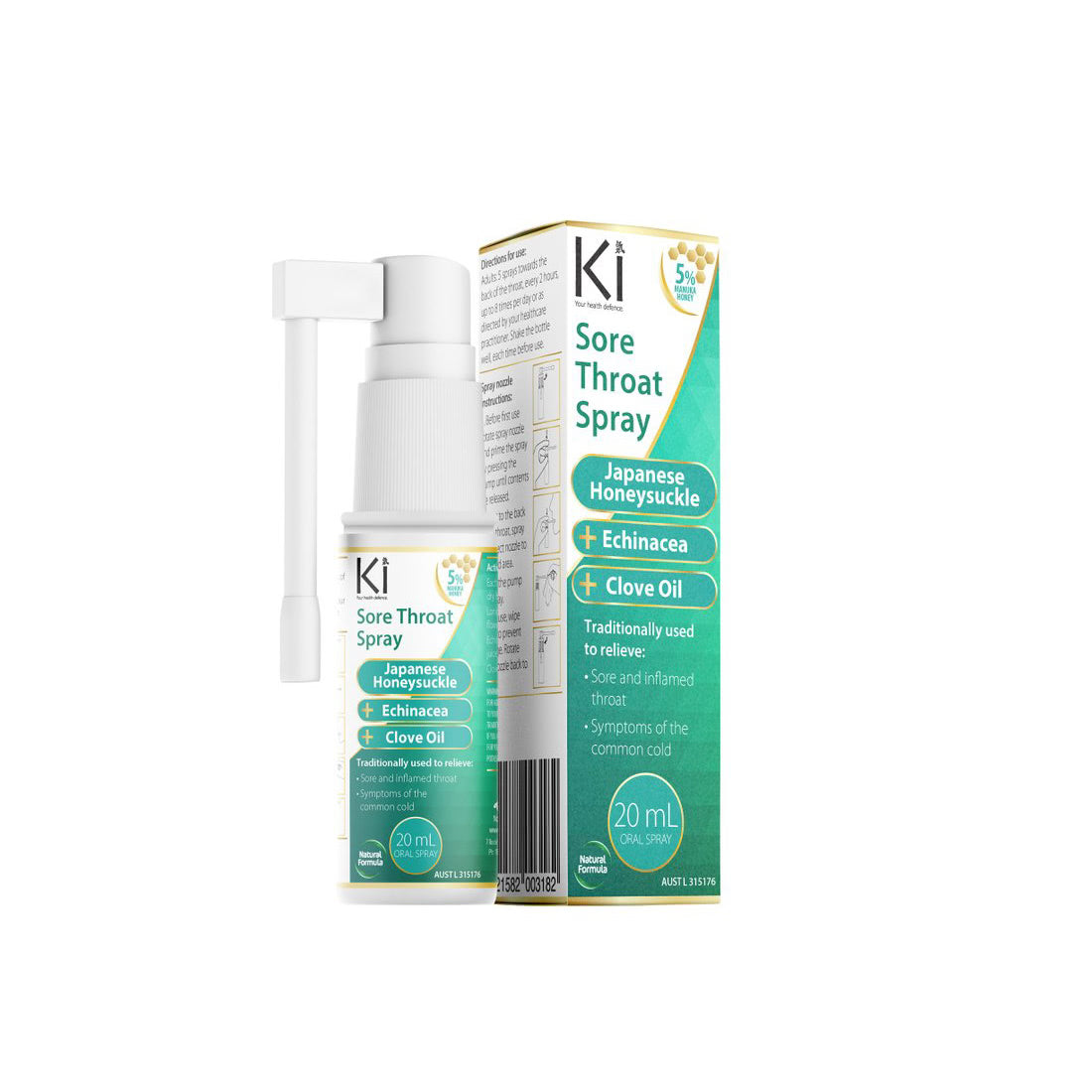 Martin & Pleasance Ki Sore Throat Oral Spray 20mL, With Japanese Honeysuckle, Echinacea & Clove Oil