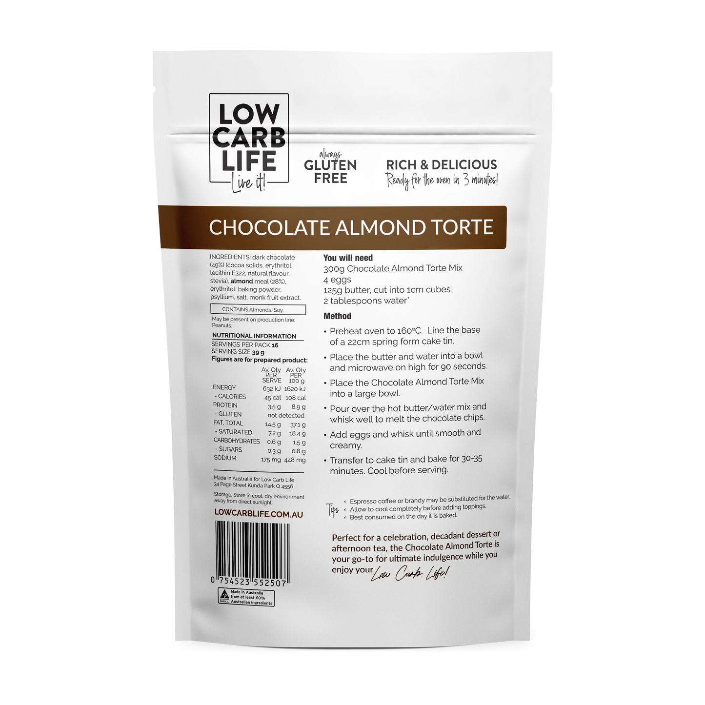 Low Carb Life Keto Bake Mix 300g, Chocolate Almond Torte