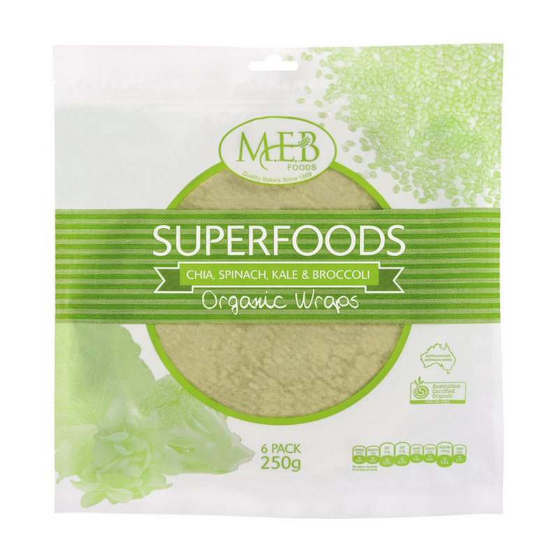MEB Foods Superfoods Chia, Spinach, Kale & Broccoli Wraps (6 Wraps), Australian Certified Organic