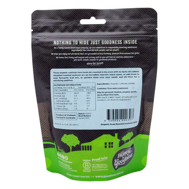 Honest To Goodness Certified Organic Oven Roasted Cashews 200g Or 500g, No Added Oils