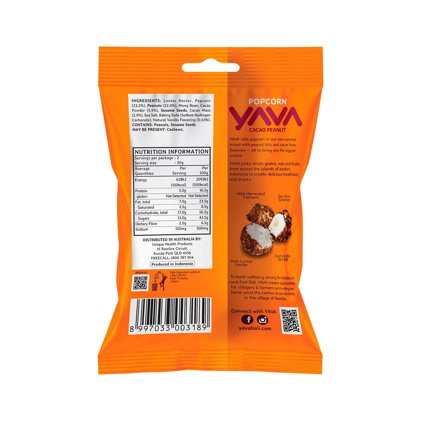Yava Popcorn Cacao Peanut Flavour 60g, Rolled & Popped In Your Favourite Favours