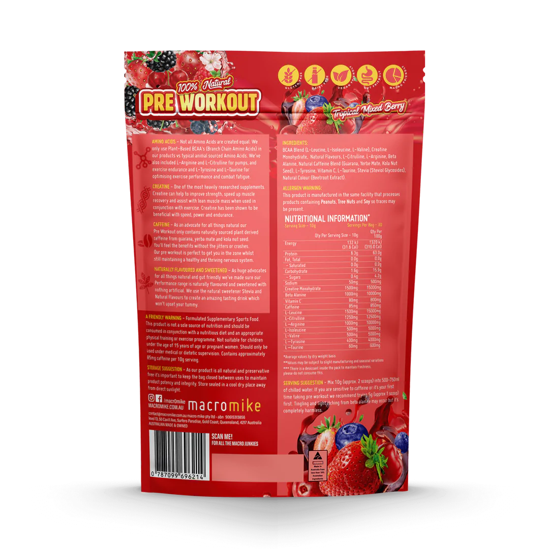 Macro Mike 100% Natural Performance Pre-Workout 300g, Tropical Mixed Berry Flavour