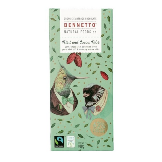 Bennetto Organic Dark Chocolate 100g, Mint & Cocoa Nibs Flavour