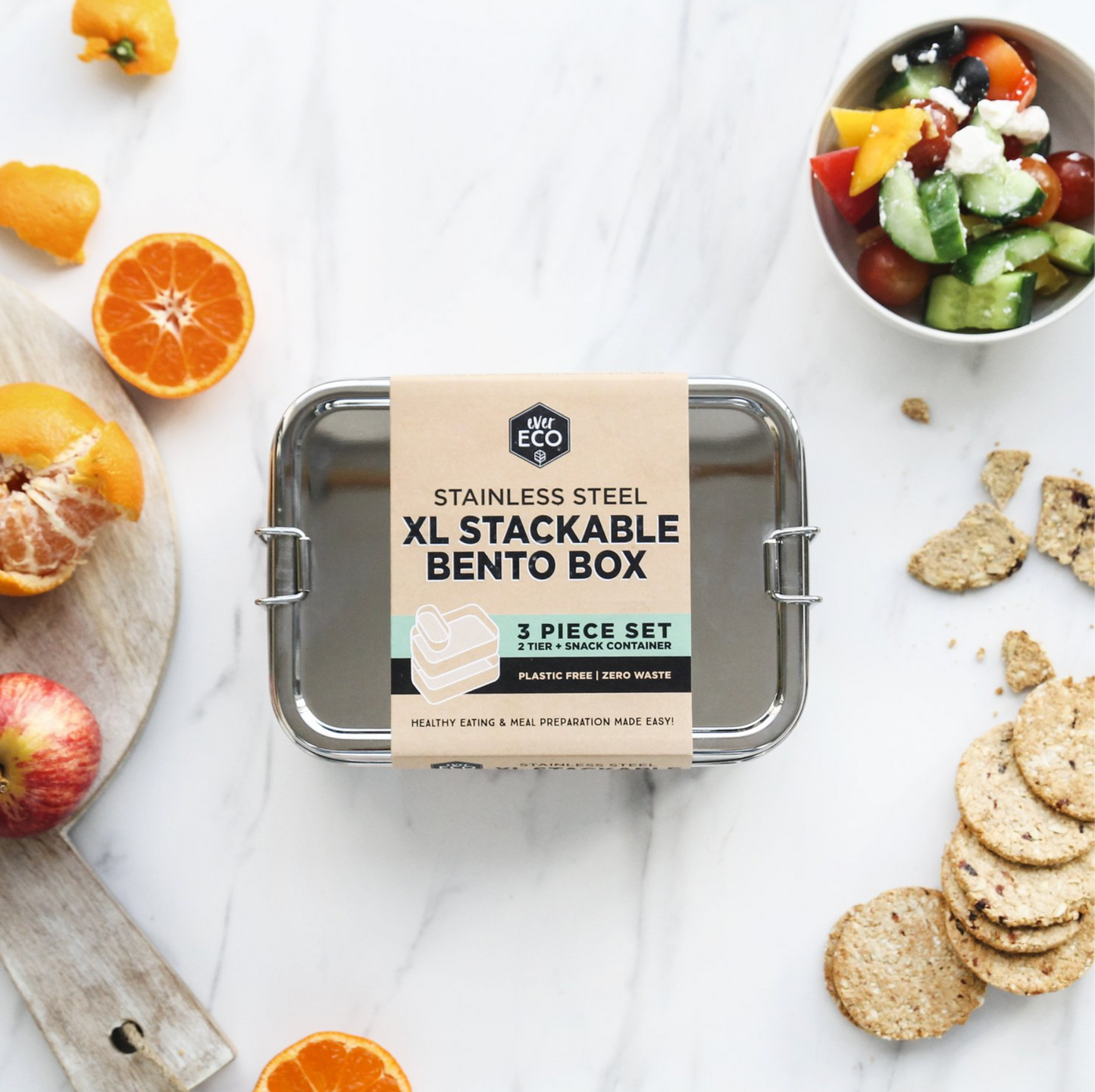 Ever Eco Stainless Steel XL Stackable Bento Box 1900ml, Two Tier + Mini Snack Container