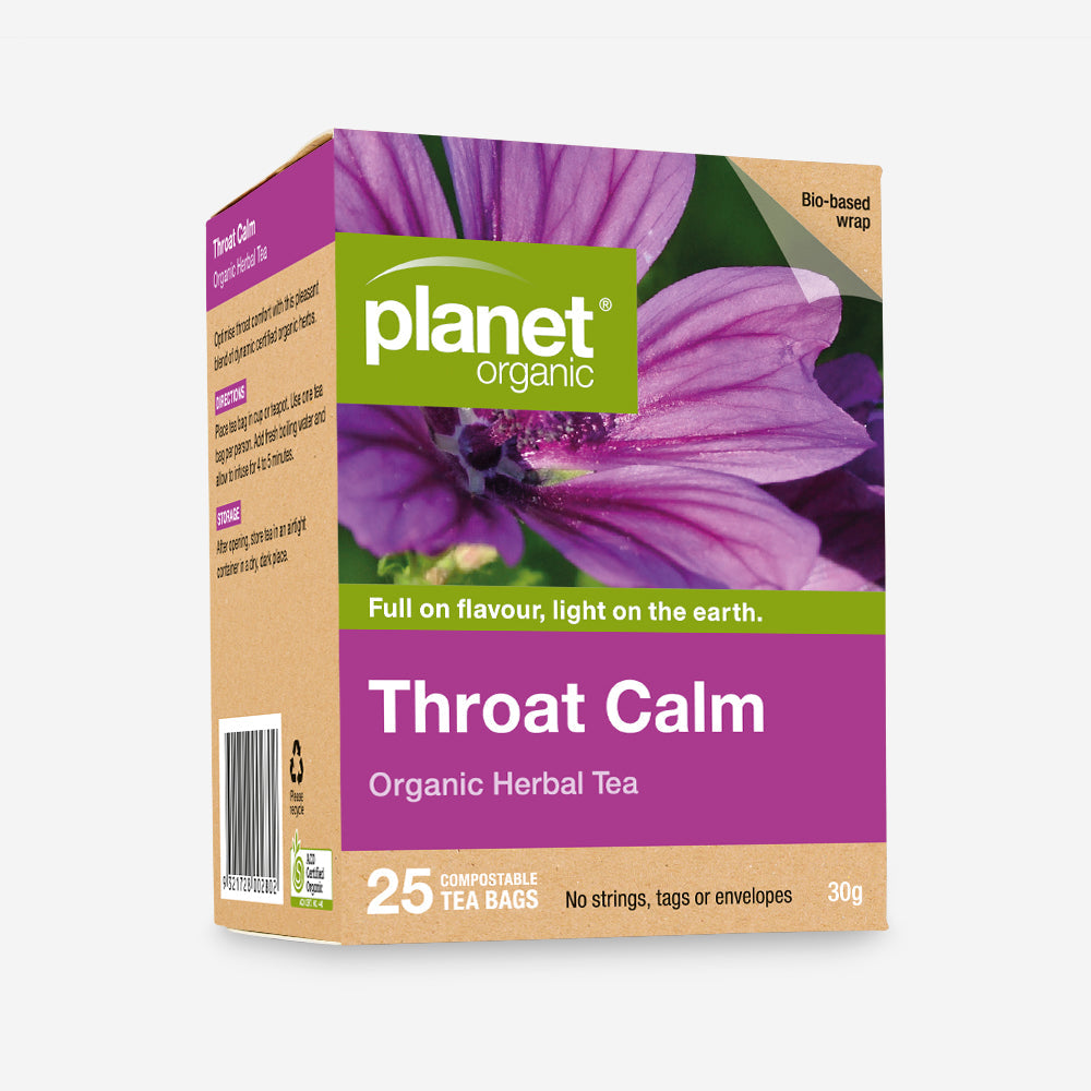 Planet Organic Certified Organic Herbal Tea 25 Tea Bags, Throat Calm Blend; Dynamic & Comforting To Ease Pain