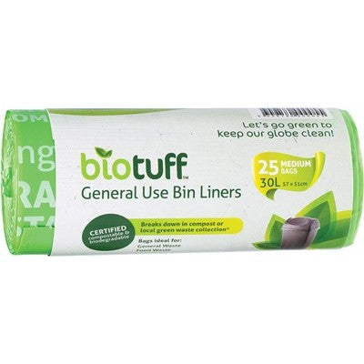 BioTuff General Use Bin Liners Medium 30L 25 Bags, Certified Compostable