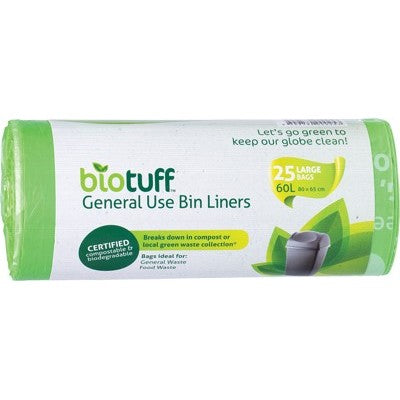 BioTuff General Use Bin Liners Large Bags, Size 60L 25 Bags, Certified Compostable