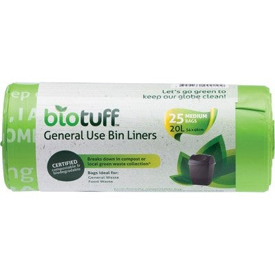 BioTuff General Use Bin Liners Medium 20L 25 Bags, Certified Compostable