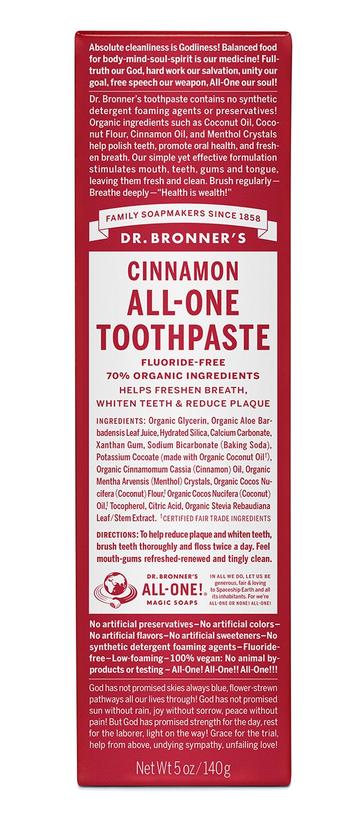Dr Bronner's Fluoride Free All-One Toothpaste 140g, Cinnamon Flavour