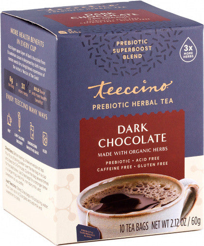 Teeccino Prebiotic Herbal Tea 10 Tea Bags, Dark Chocolate Flavour Caffeine-Free