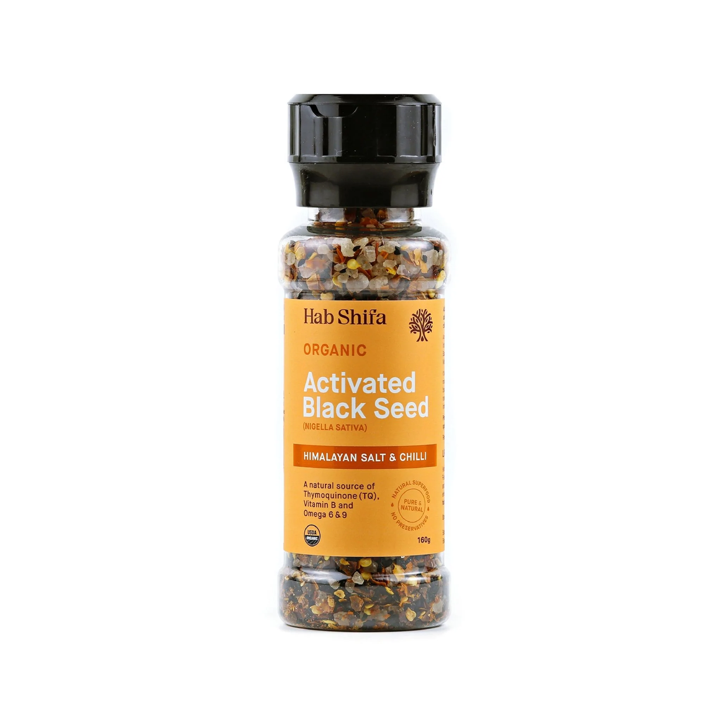 Hab Shifa Organic Activated Black Seed Grinder 160g, With Himalayan Rock Salt & Chilli