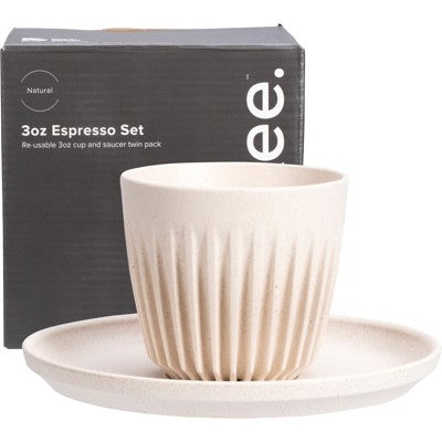 Huskee Reusable Espresso Set 3oz 2xCup & Saucer 2x88ml, Charcoal Or Natural