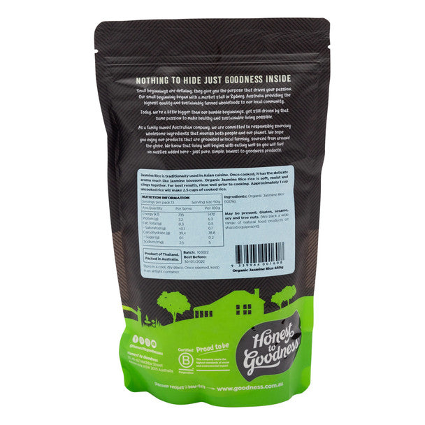 Honest To Goodness White Jasmine Rice 650g, Certified Organic