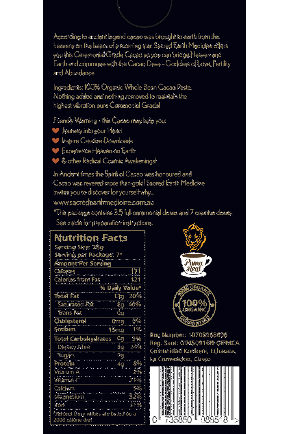 Sacred Earth Medicine Ceremonial Cacao 100g, 200g Or 400g, 100% Pure & Organic