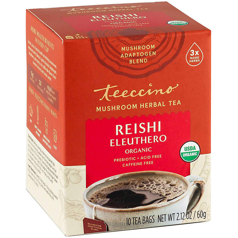Teeccino Mushroom Herbal Tea 10 Tea Bags, Reishi Eleuthro Flavour Caffeine-Free