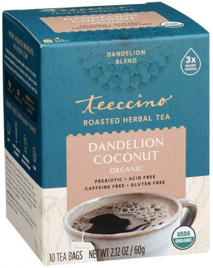 Teeccino Dandelion Herbal Tea 10 Tea Bags, Coconut Flavour Caffeine-Free
